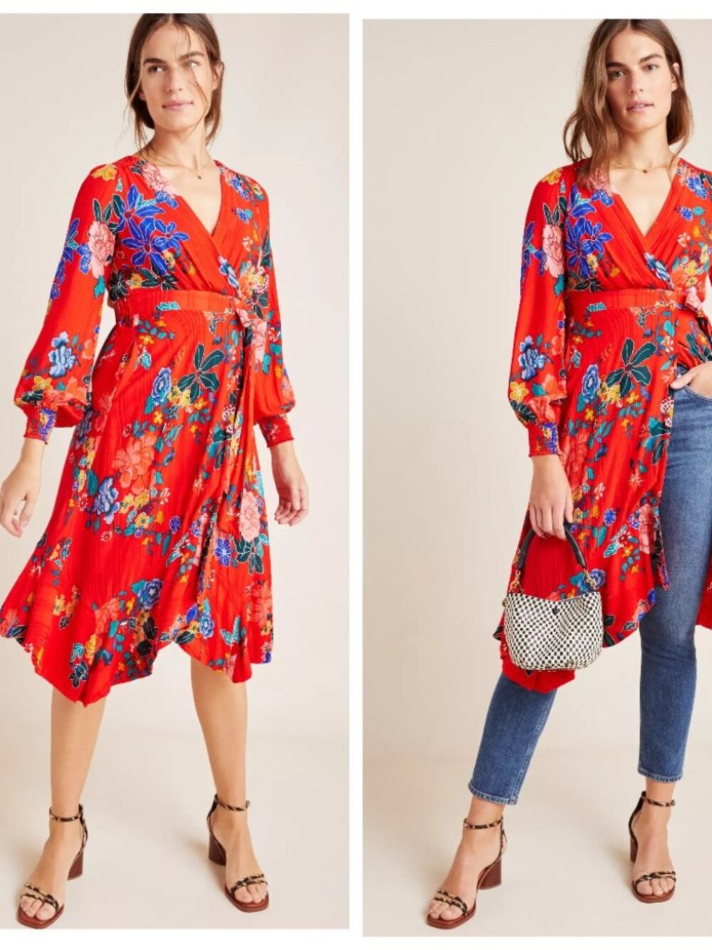 Maeve by Anthropologie Red Floral Faux  Wrap Midi Dress / Tunic NWOT Size 0